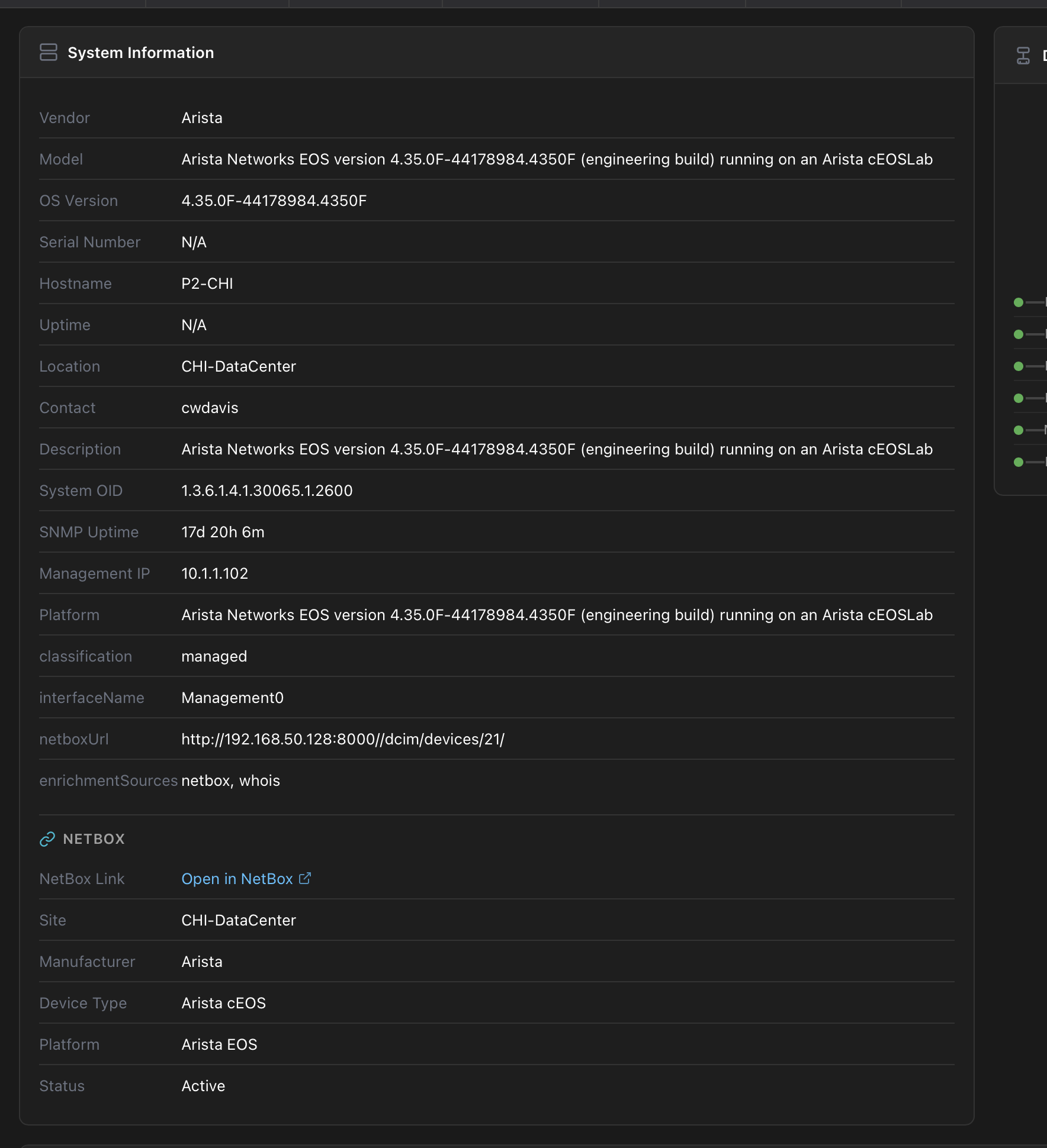 Device system information panel showing NetBox integration with direct link to device in NetBox