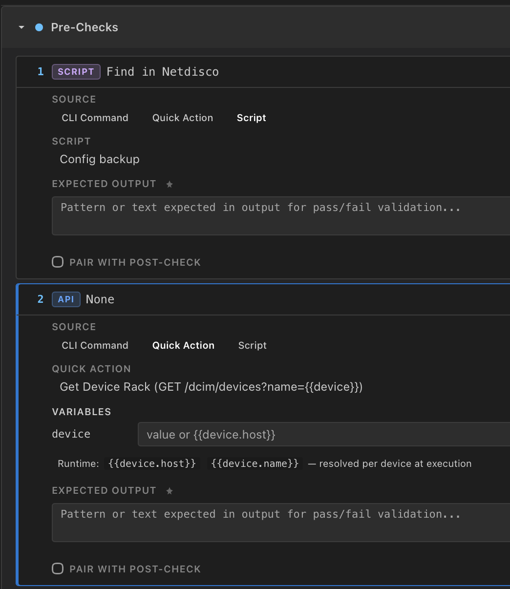 MOP pre-checks configuration showing Script and API Quick Action steps with expected output validation
