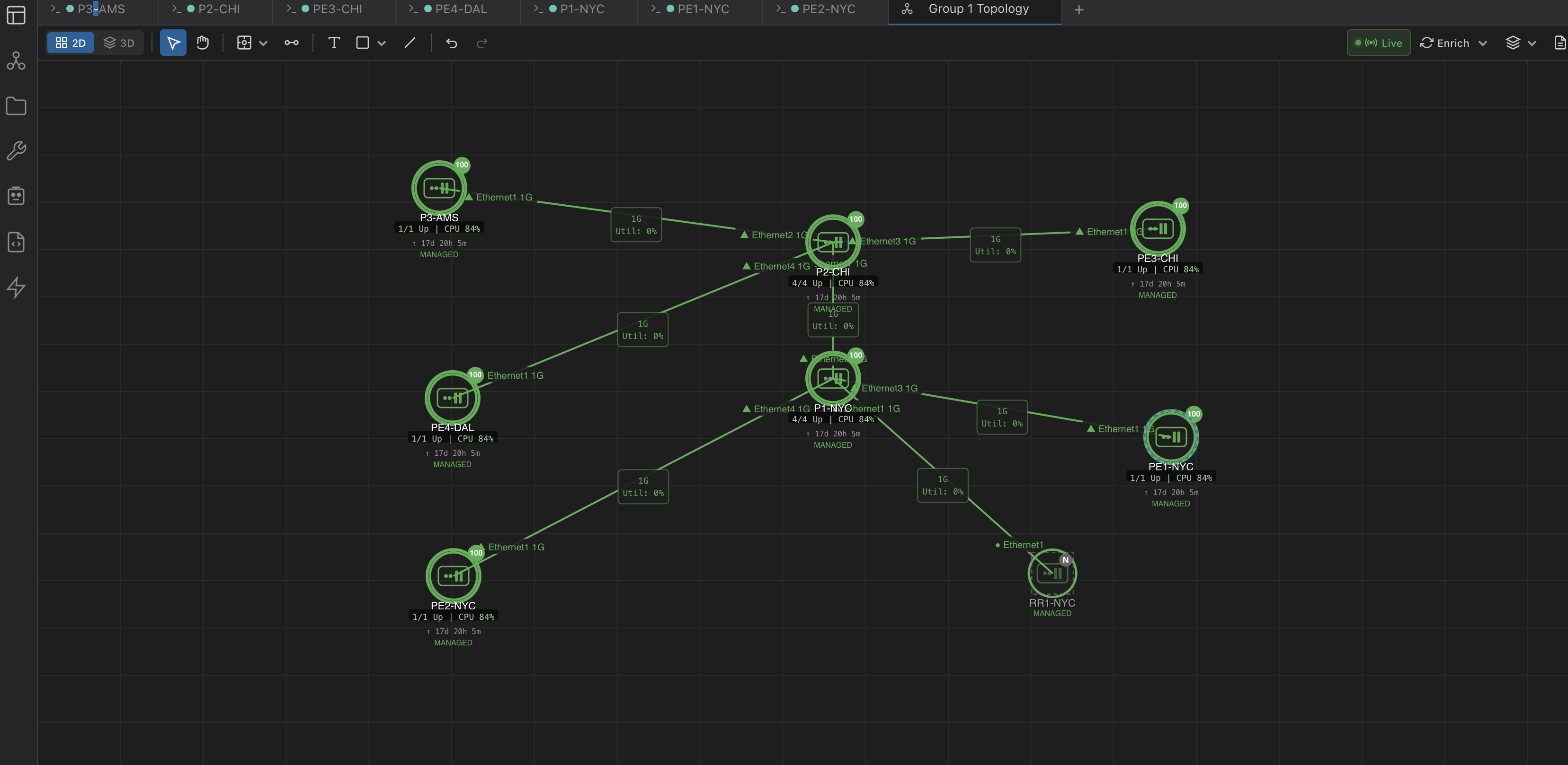 NetStacks topology with live SNMP data overlays showing interface speeds, device status badges, and session tabs