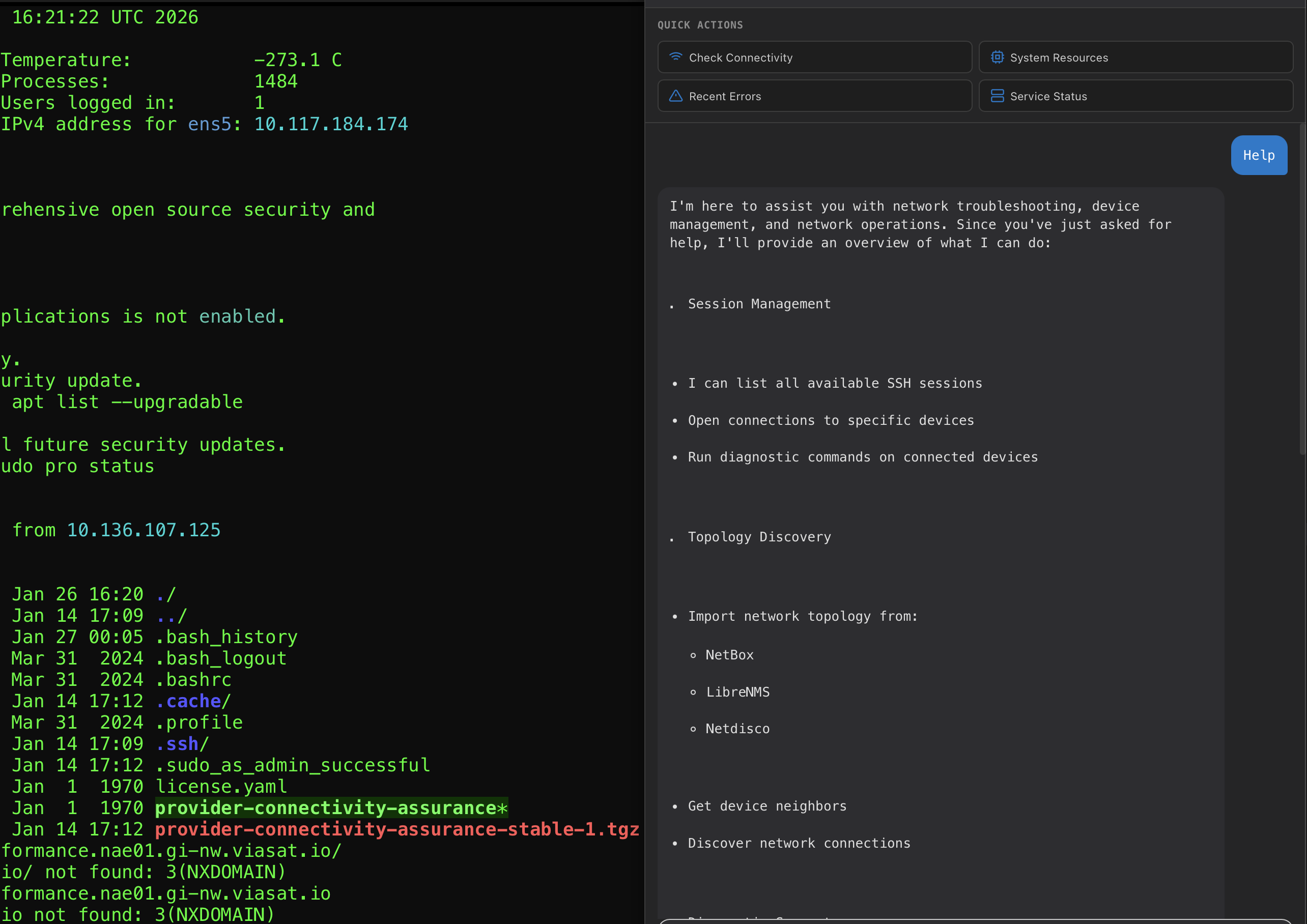 NetStacks split view with terminal and AI assistant panel providing network troubleshooting guidance