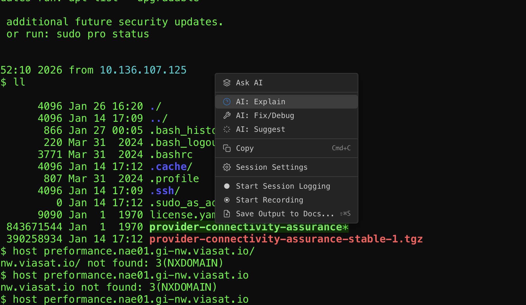 NetStacks terminal with AI-powered right-click context menu showing Explain, Fix/Debug, and Suggest options