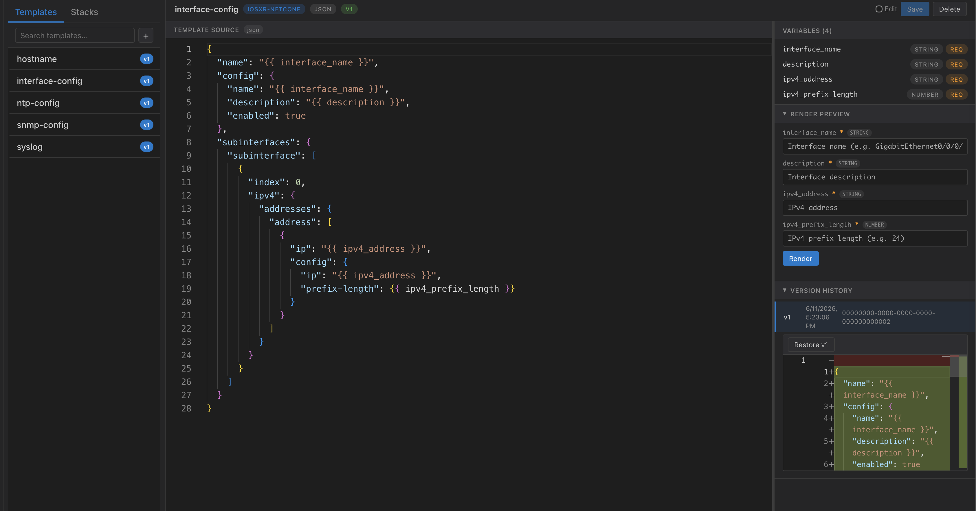 A Jinja2 interface configuration template in NetStacks with extracted variables and version history