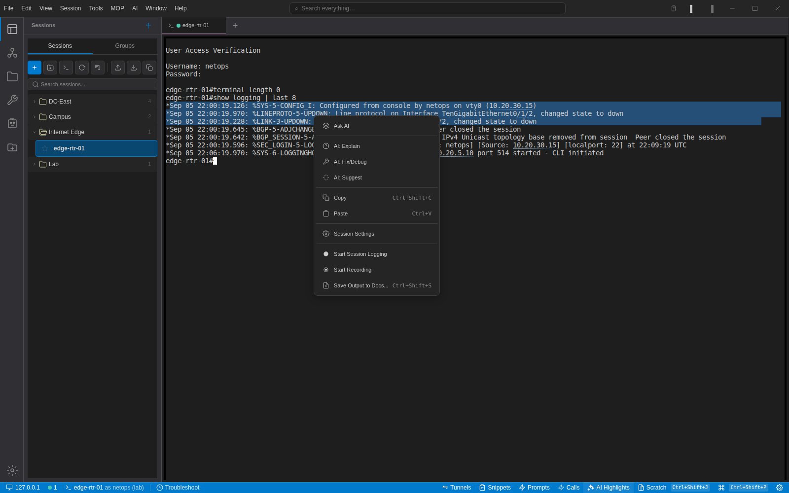 Three syslog lines selected in a NetStacks terminal with the context menu open showing Ask AI, AI: Explain, AI: Fix/Debug and AI: Suggest