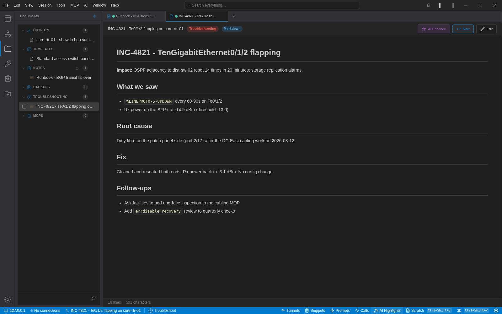 An incident write-up rendered from Markdown in NetStacks, with an AI Enhance button in the toolbar
