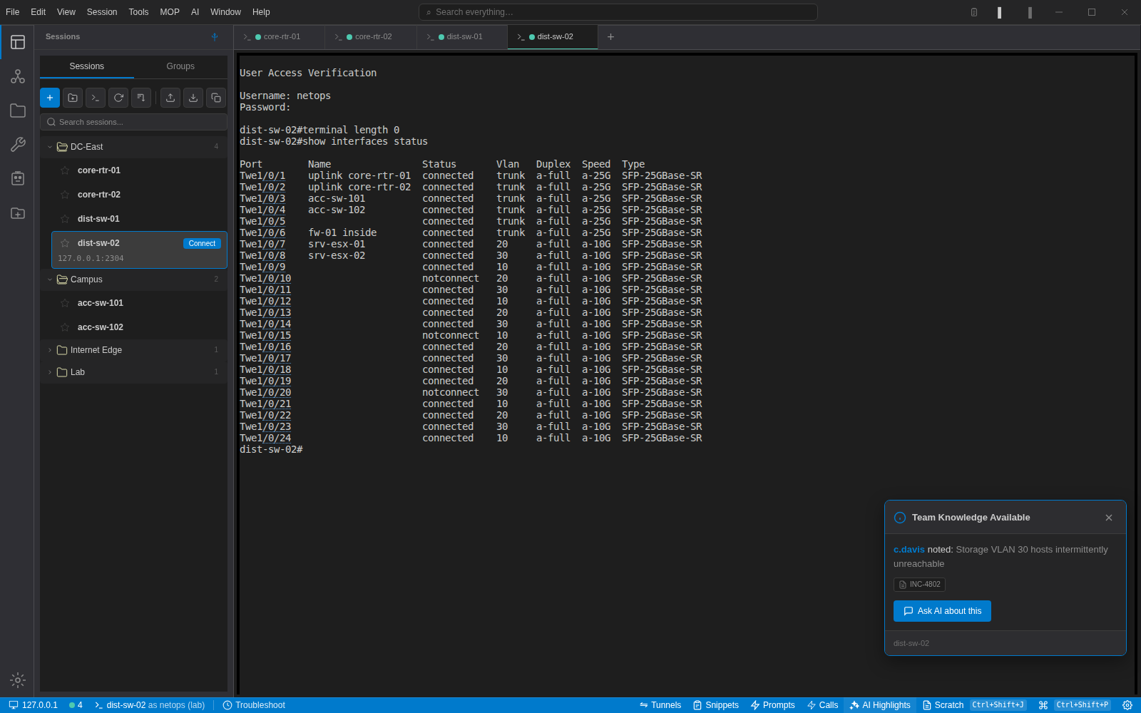 Four device tabs open in NetStacks with the DC-East and Campus folders expanded and 'show interfaces status' output on dist-sw-02