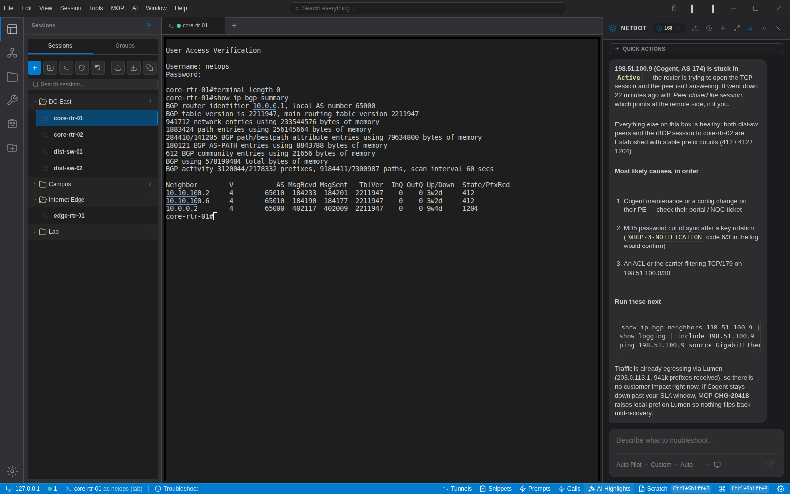 NetStacks with a session open to core-rtr-01 showing 'show ip bgp summary' output, the session library on the left, and the NetBot panel on the right explaining that the Cogent peer is stuck in Active state and listing the commands to run next