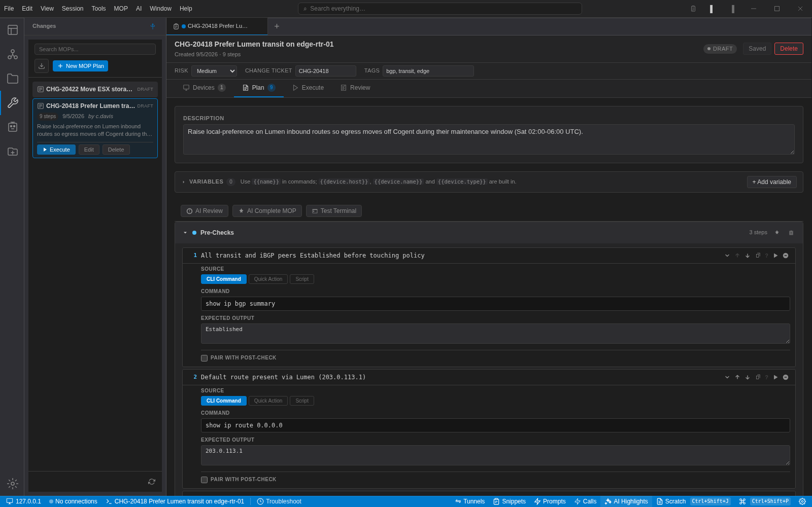 The NetStacks MOP builder for CHG-20418 showing risk, change ticket and tags, the Devices, Plan, Execute and Review tabs, and the first two pre-check steps with their commands and expected output