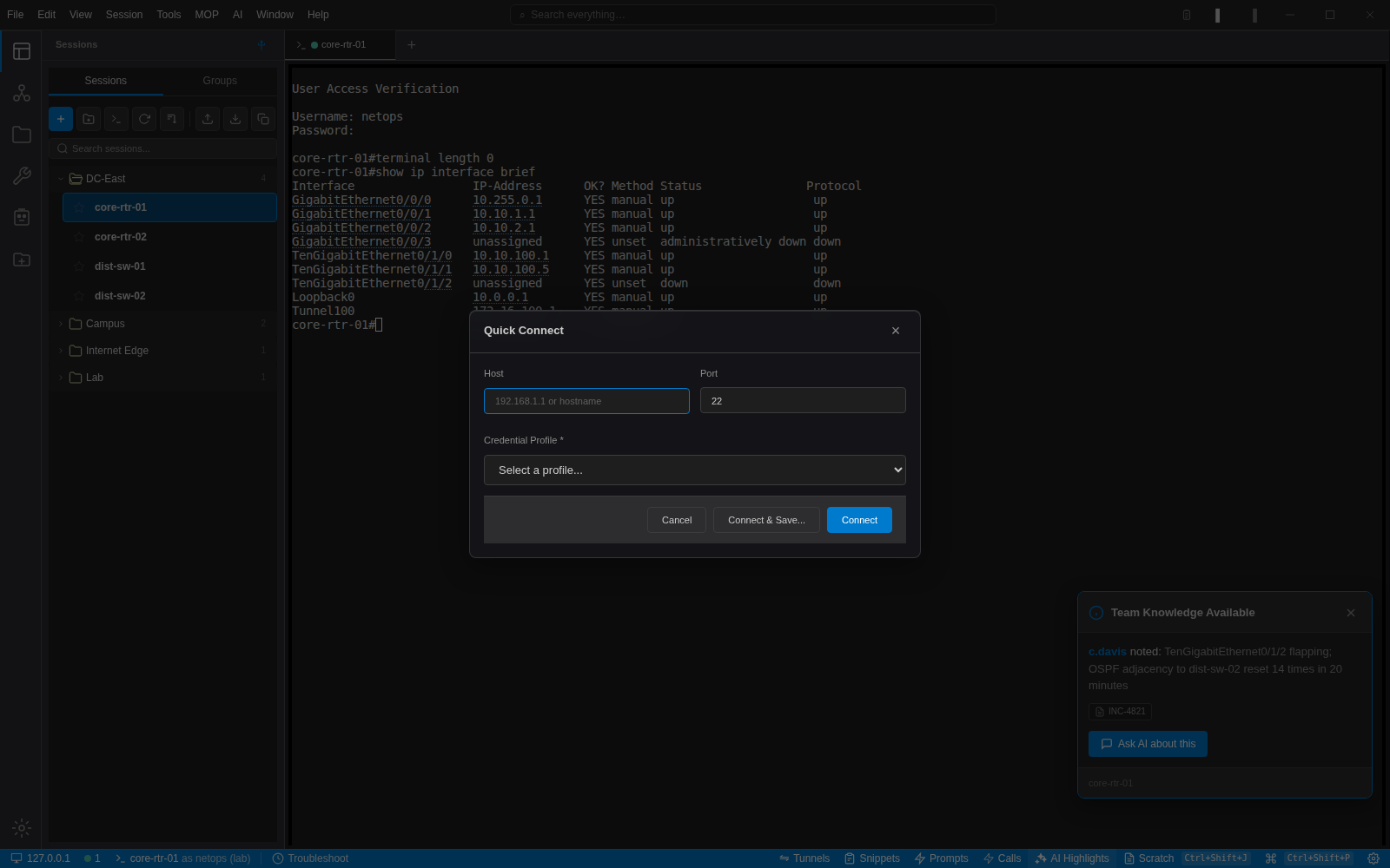 The Quick Connect dialog in NetStacks with host, port and credential profile fields