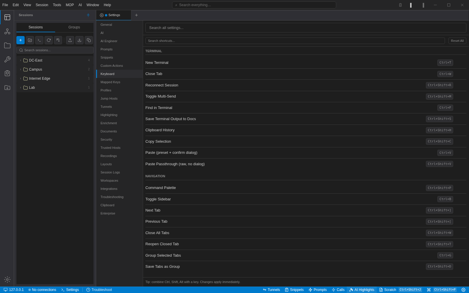 NetStacks keyboard settings listing terminal, navigation and view shortcuts with Edit buttons