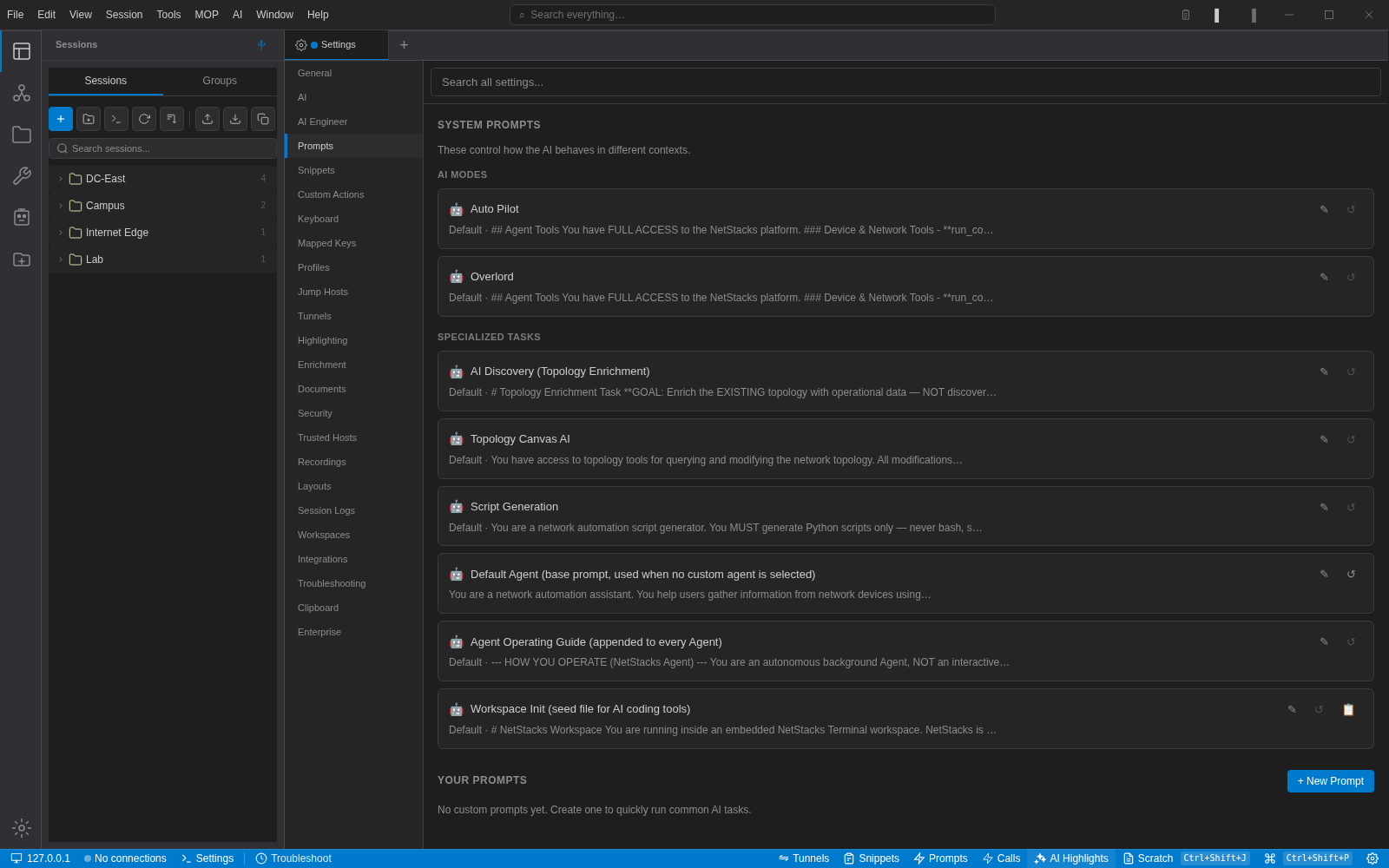 NetStacks prompt settings listing the system prompts for AI modes and specialised tasks, each with edit and reset controls