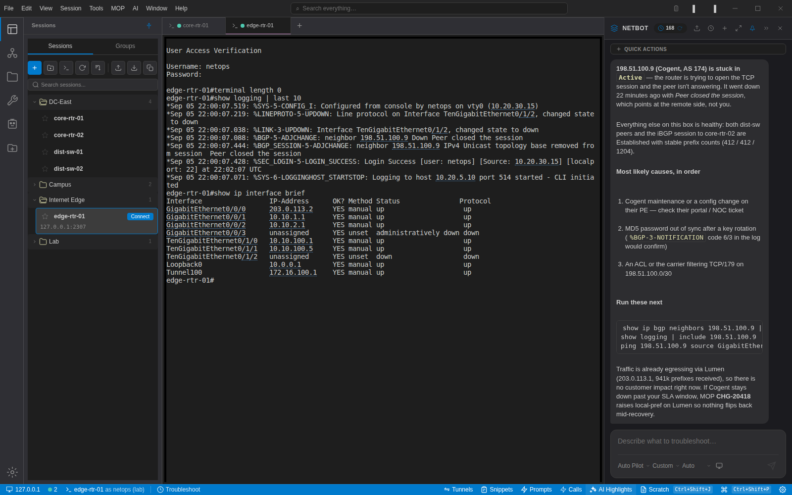 NetStacks with two device tabs open, the edge router's syslog and interface table in the terminal, and the NetBot panel explaining the failed BGP peer