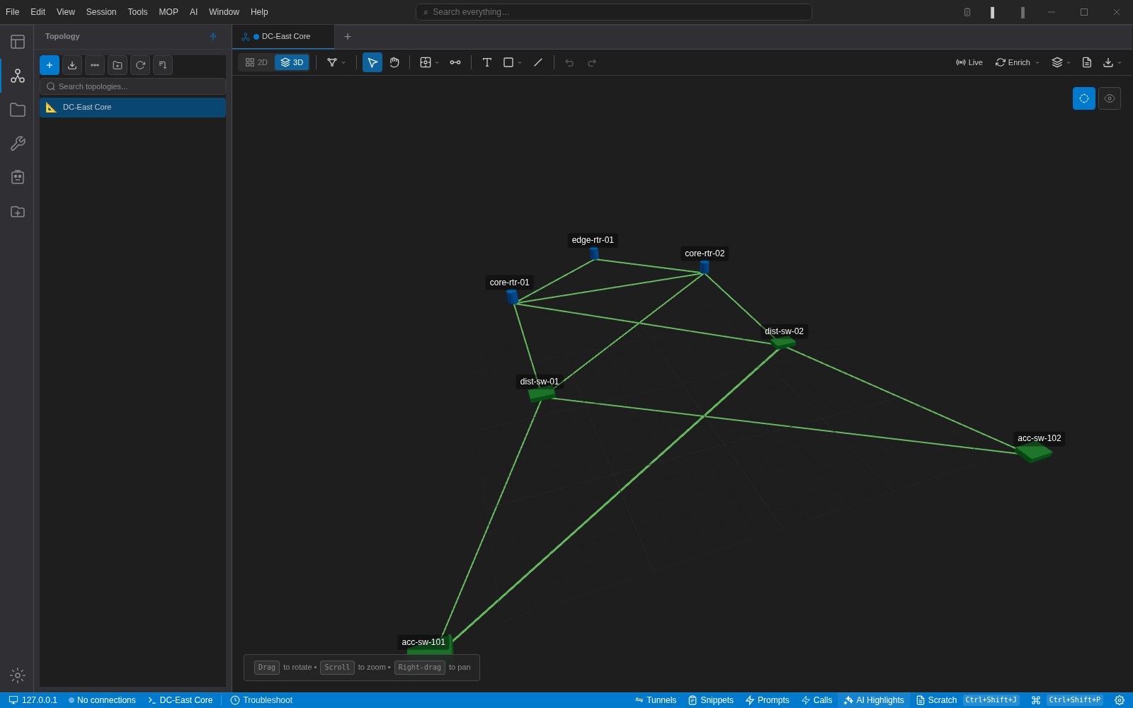 The DC-East Core topology rendered in 3D in NetStacks