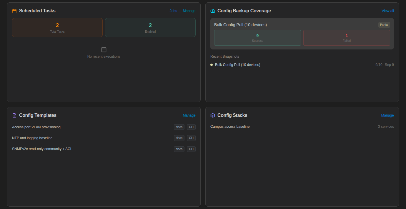 Dashboard panels for Scheduled Tasks, Config Backup Coverage, Config Templates and Config Stacks
