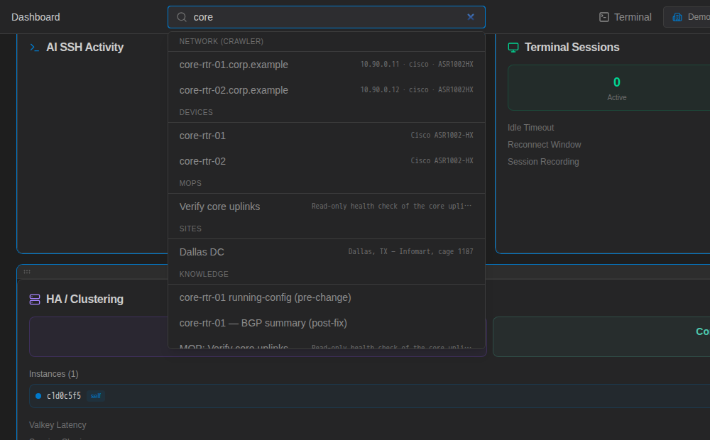 Global search palette showing results grouped by type