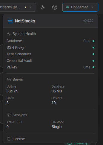 Connection status popover with System Health, Server, Sessions and License sections