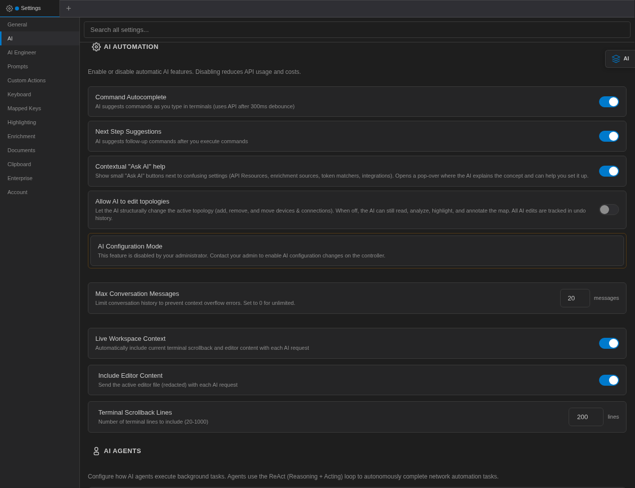 Settings AI Automation section with Max Conversation Messages, Live Workspace Context, Include Editor Content and Terminal Scrollback Lines