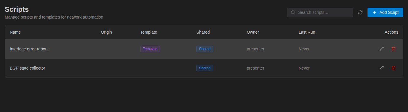Scripts page in the admin console listing two shared scripts with their owner and last run