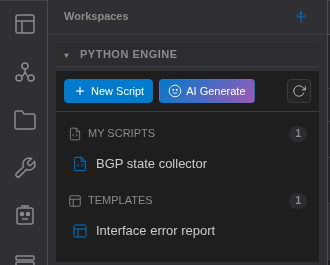 Python Engine section with New Script and AI Generate buttons, My Scripts and Templates