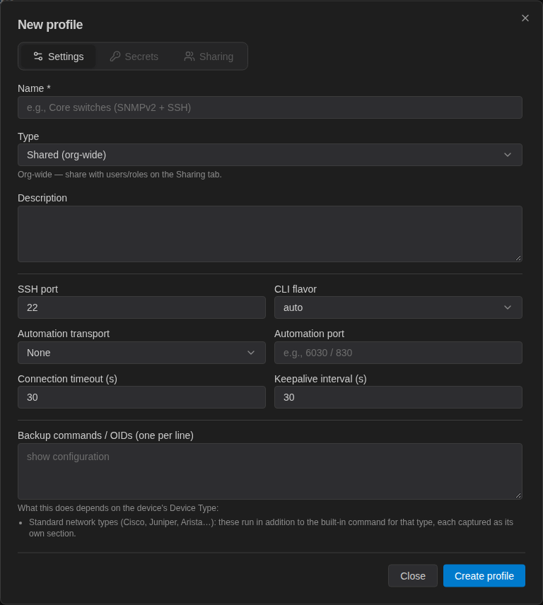 New profile dialog with Name, Type, Description, SSH port, CLI flavor, Automation transport, Automation port, timeouts and Backup commands