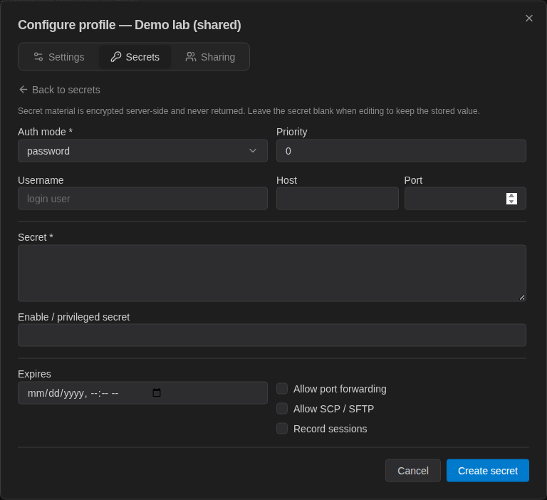 Add secret form for a password secret with Auth mode, Priority, Username, Host, Port, Secret, Enable / privileged secret and Expires
