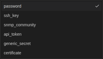 Auth mode dropdown listing password, ssh_key, snmp_community, api_token, generic_secret and certificate