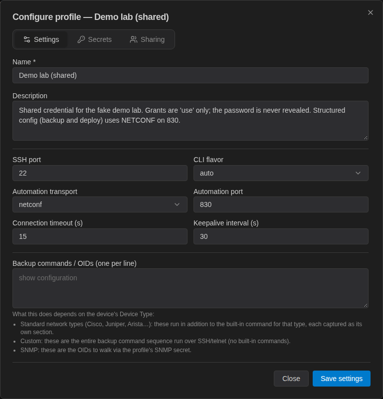 Configure profile Settings tab for a shared profile using NETCONF on port 830