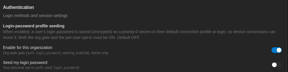 Settings, Authentication, Login-password profile seeding with Enable for this organization and Seed my login password toggles
