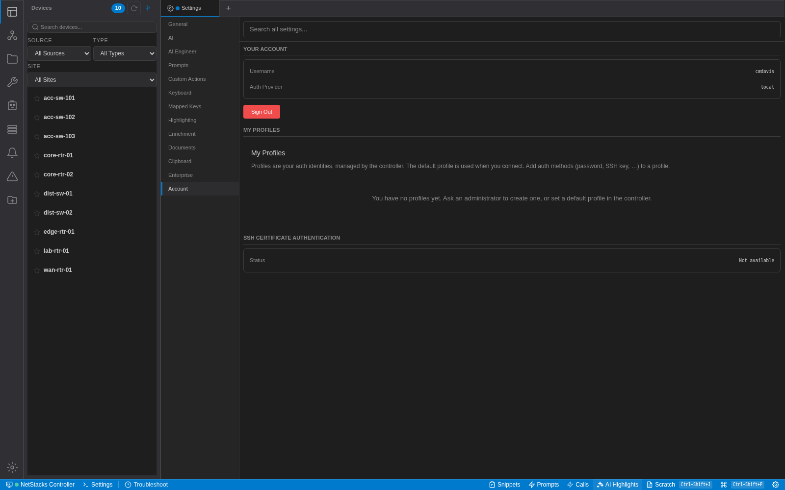 Terminal Settings Account tab with Your Account, My Profiles and SSH Certificate Authentication sections