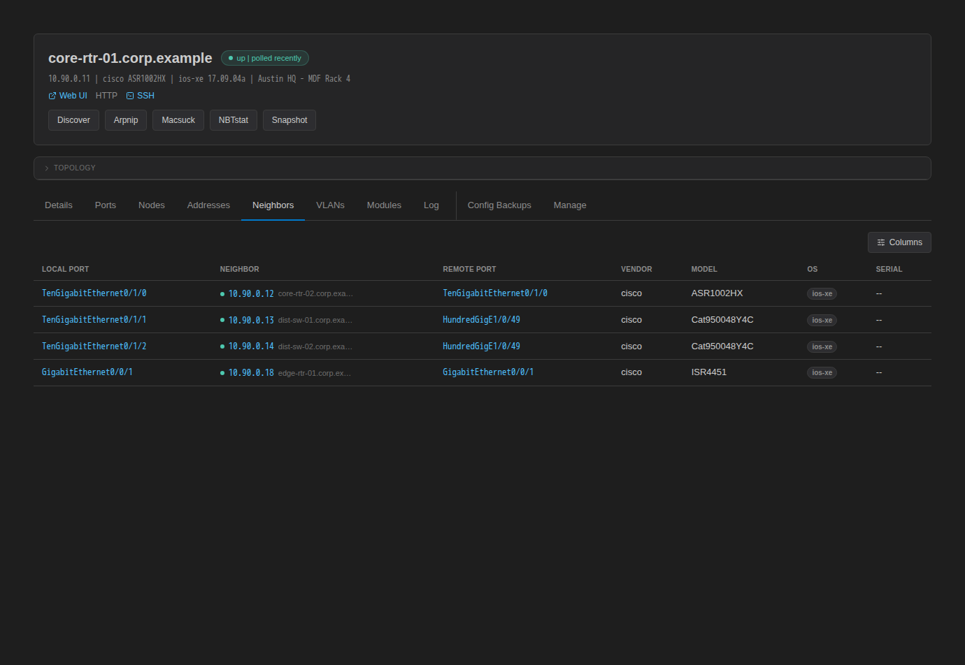 Neighbors tab listing four LLDP/CDP neighbours of core-rtr-01