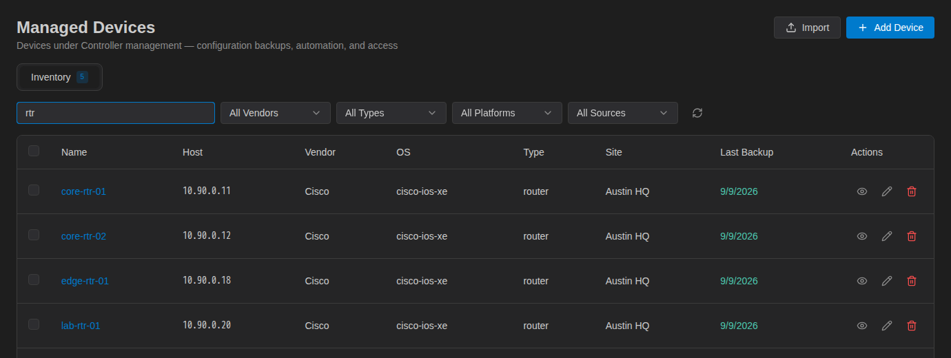Managed Devices filtered by the search term rtr, showing only the routers