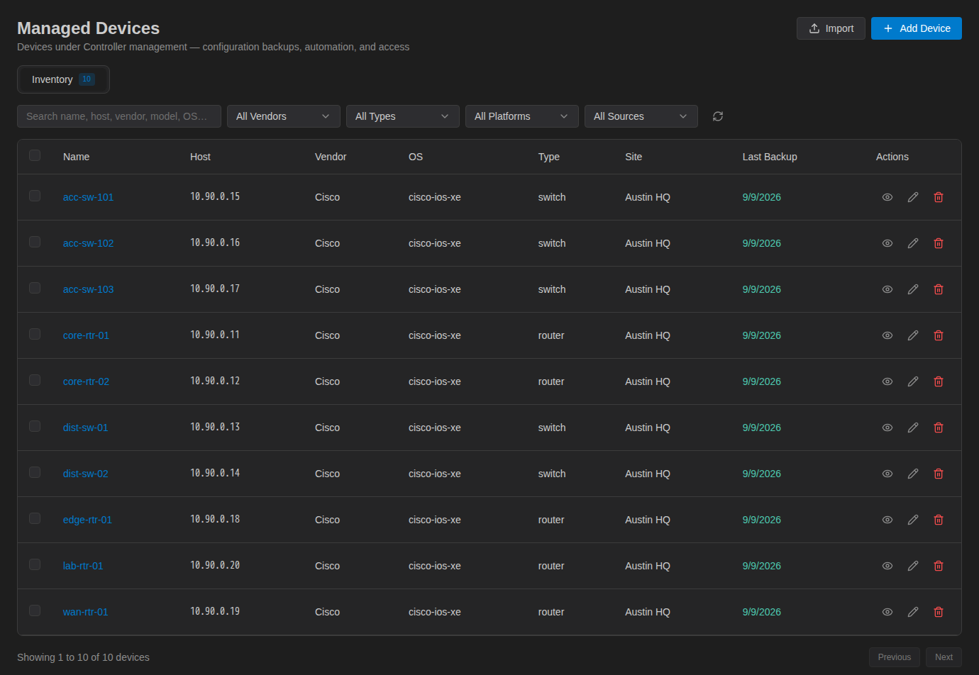 Managed Devices page in the Controller admin console listing ten Cisco IOS-XE routers and switches