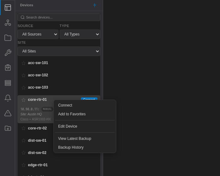 Devices sidebar in enterprise mode with filters and a device context menu showing Connect, Add to Favorites, Edit Device, View Latest Backup and Backup History