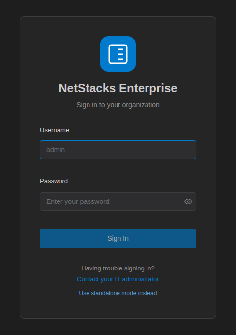 NetStacks Enterprise sign-in screen with Username, Password, Sign In, and a Use standalone mode instead link