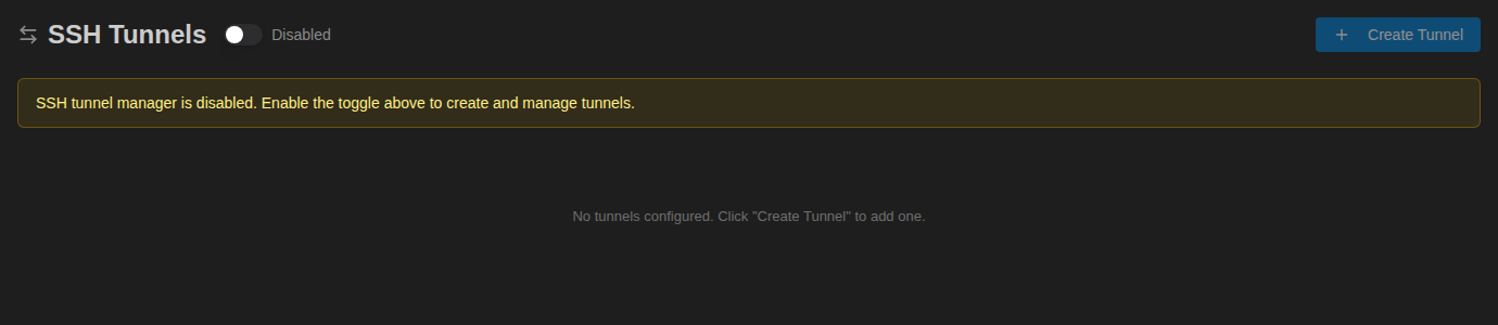 Controller admin console SSH Tunnels page with the tunnel manager switch and Create Tunnel button