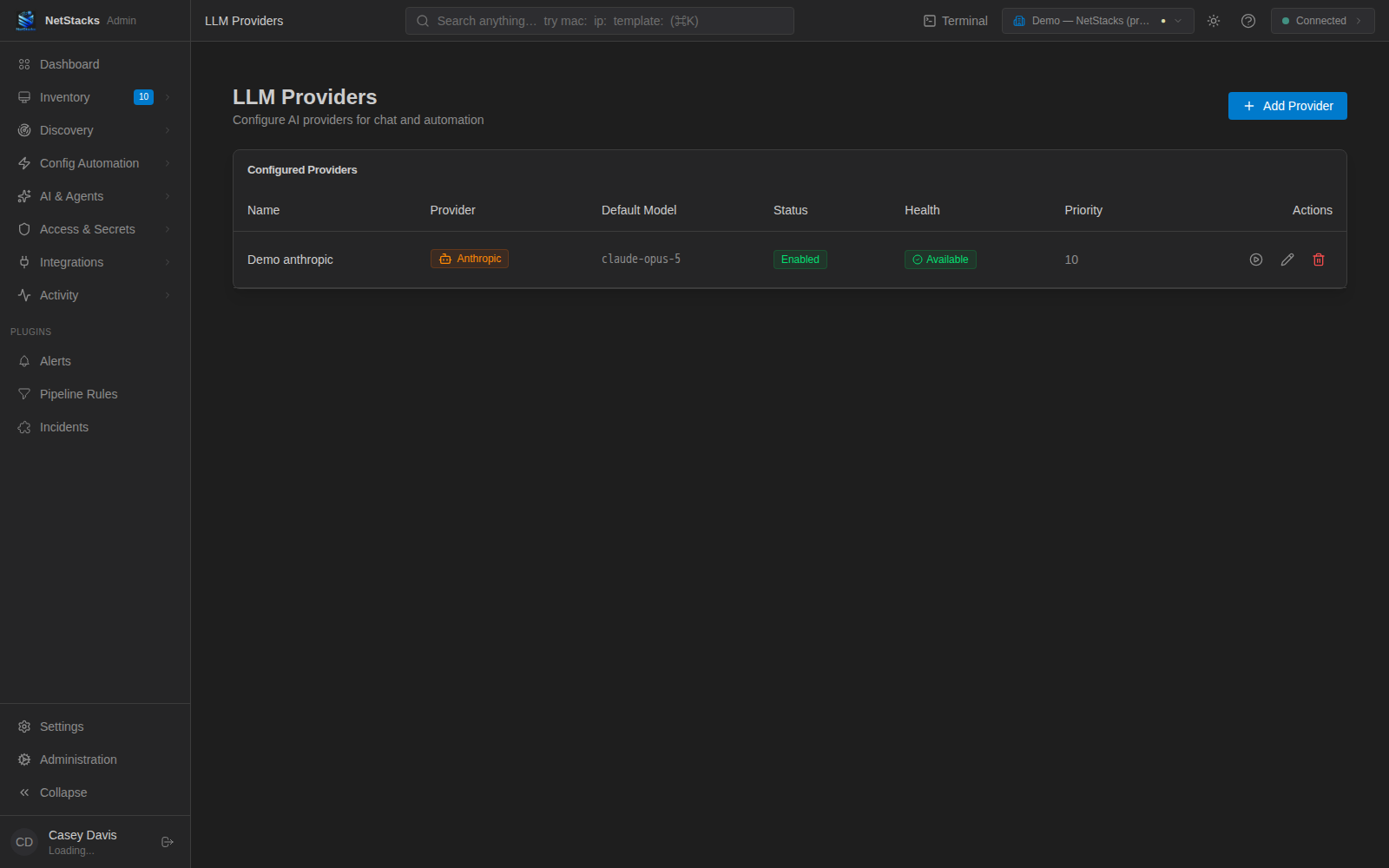 Controller LLM Providers page listing a configured Anthropic provider with its default model, Enabled status, Available health and priority