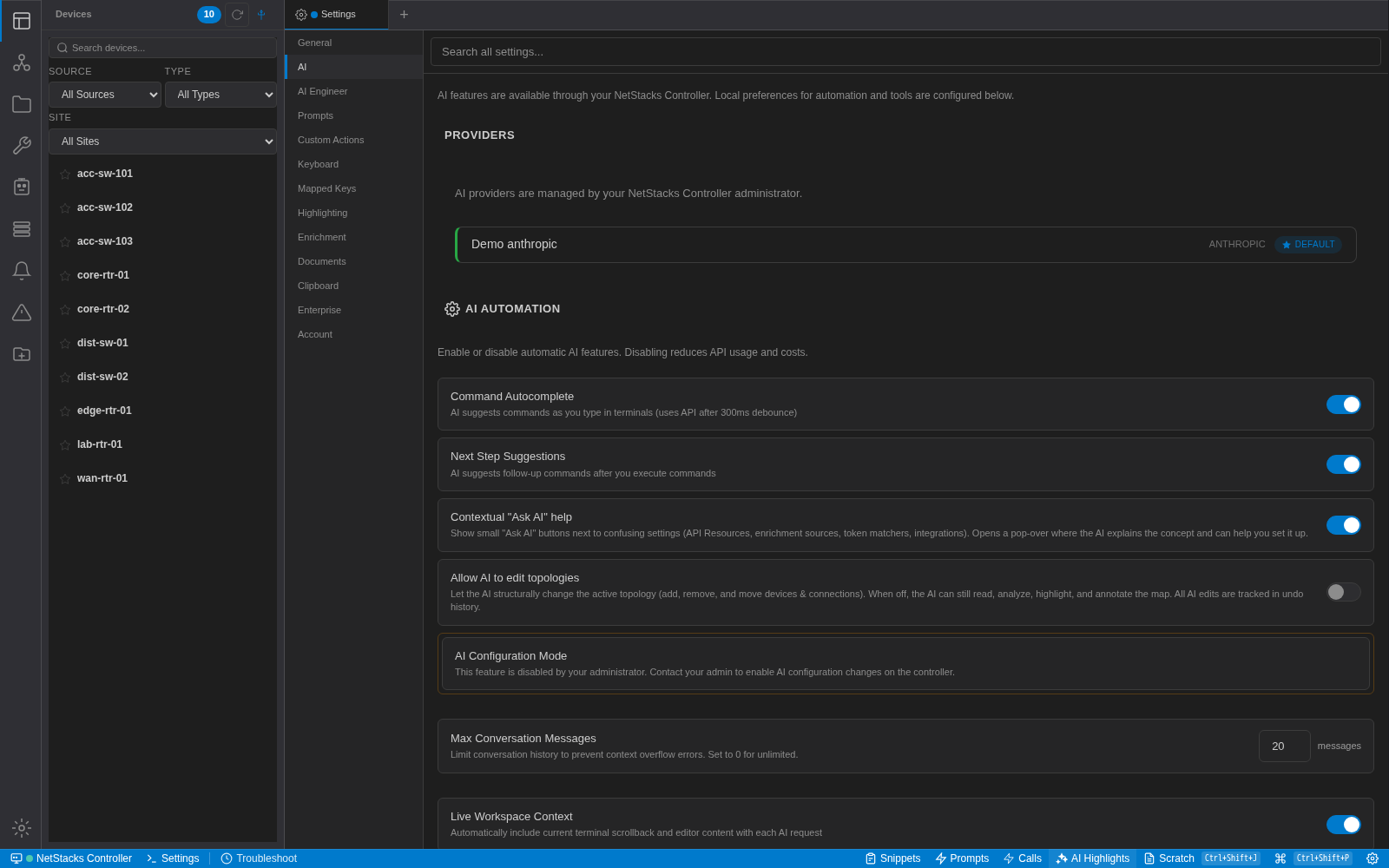 Terminal Settings, AI tab in enterprise mode showing that providers are managed by the Controller administrator, the Controller's default provider, and the AI Automation toggles