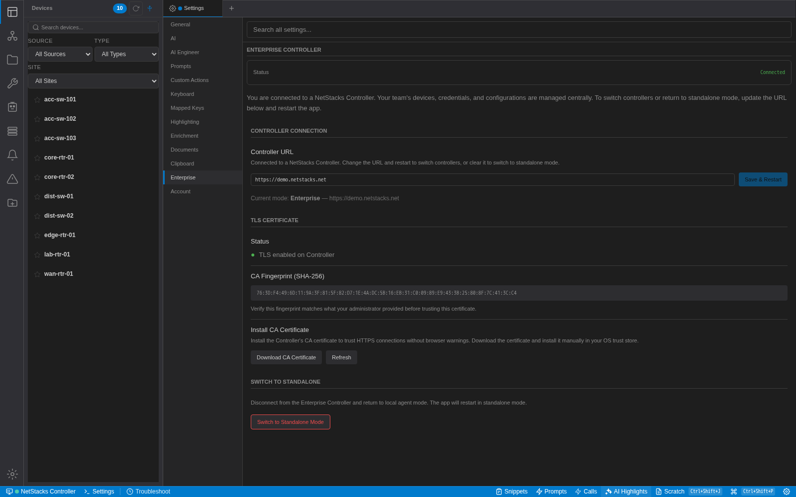 Terminal Settings, Enterprise tab showing Controller Connection, TLS Certificate status, the CA Fingerprint (SHA-256) and the Download CA Certificate button