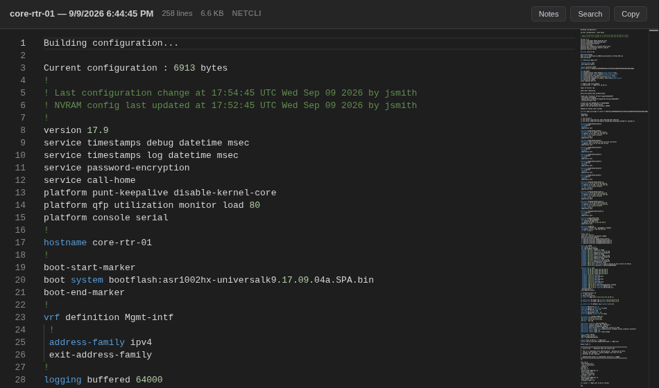 Close-up of a CLI backup: comments in green, keywords in blue, numbers highlighted