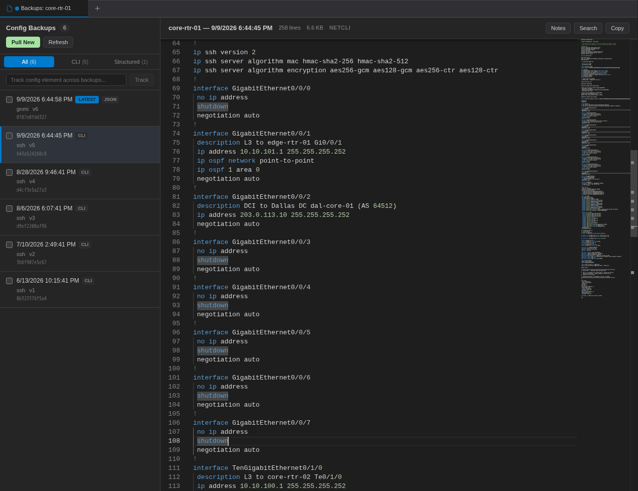 Backup History tab showing a Cisco IOS-XE CLI backup highlighted with Network CLI colors