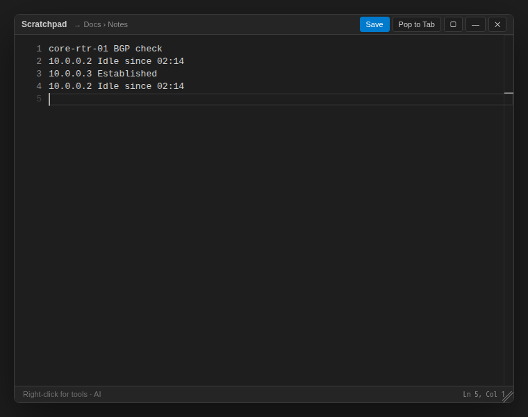 Floating Scratchpad window with a few lines of BGP notes